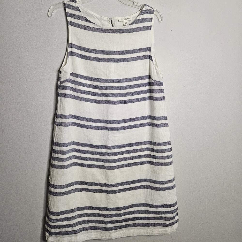 Beach Lunch Lounge Dress Womens M Blue White Stripe Linen Blend Sleeveles Summer